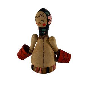 Vintage MCM Russian Wood Beauty with Buckets Handcrafted Girl Figurine 1969